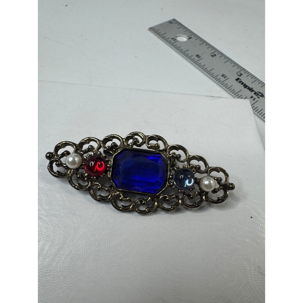 Vintage Style Filigree Brooch Cobalt Blue Red Stones Faux Pearl Gold Tone Pin